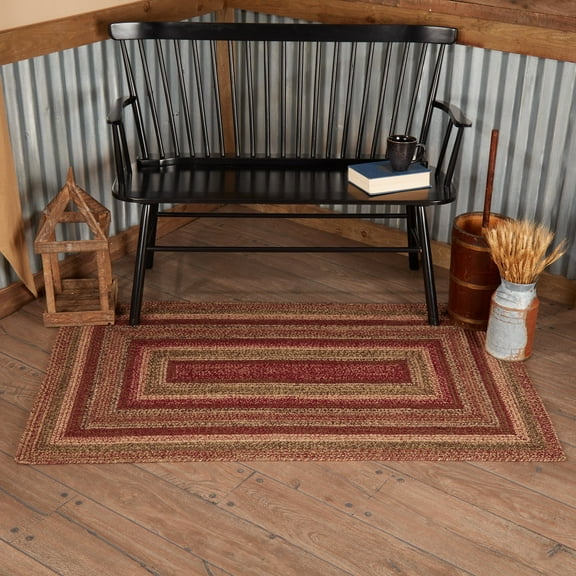 VHC Brands Cider Mill Primitive Jute Red Striped Accent Rug Rectangle Decor w/Floor Pad 36"x60"