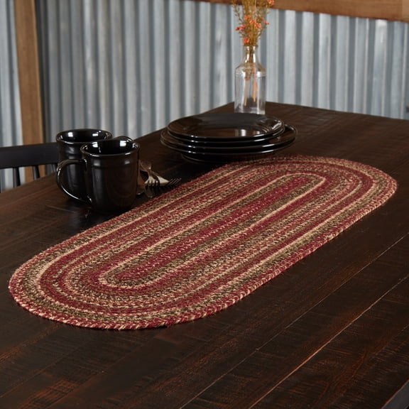 VHC Brands Cider Mill Primitive Jute Red Textured Striped Oval Kitchen Table Runner 13"x36"