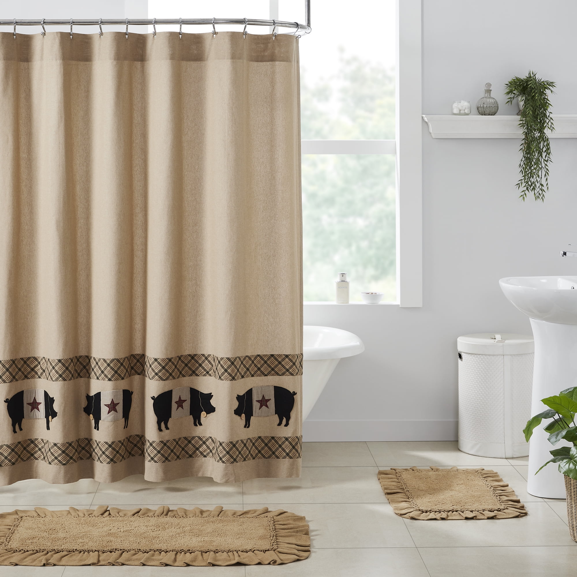 Cider Mill Khaki and Green Cotton Primitive Pig Shower Curtain 72x72