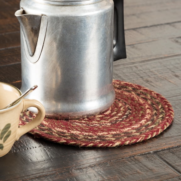 VHC Brands Cider Mill Primitive Red Textured Striped Round Kitchen Table Decor Jute Trivet 8"