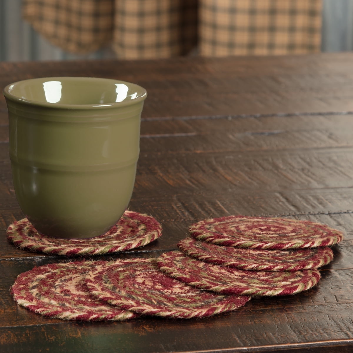 Rustic Burgundy and Olive Green Braided Jute Coaster Set