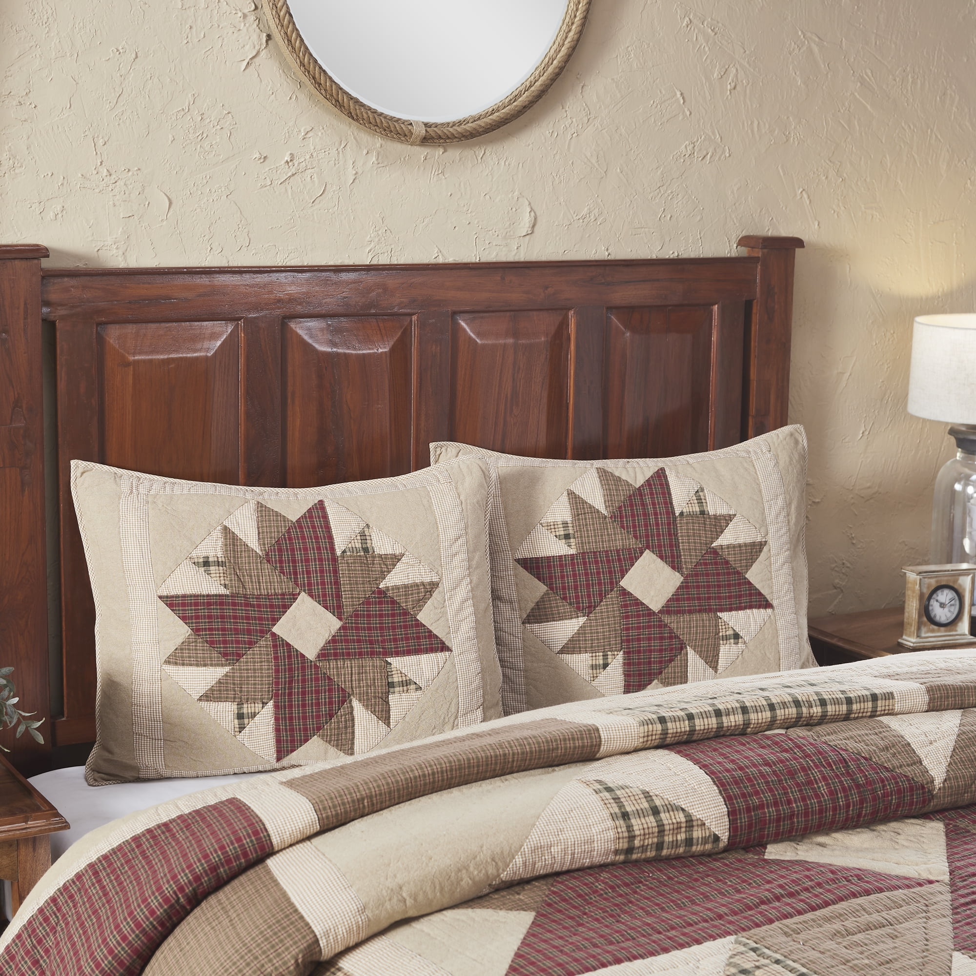 Standard Cotton Sham in Tan, Red, and Green Patchwork