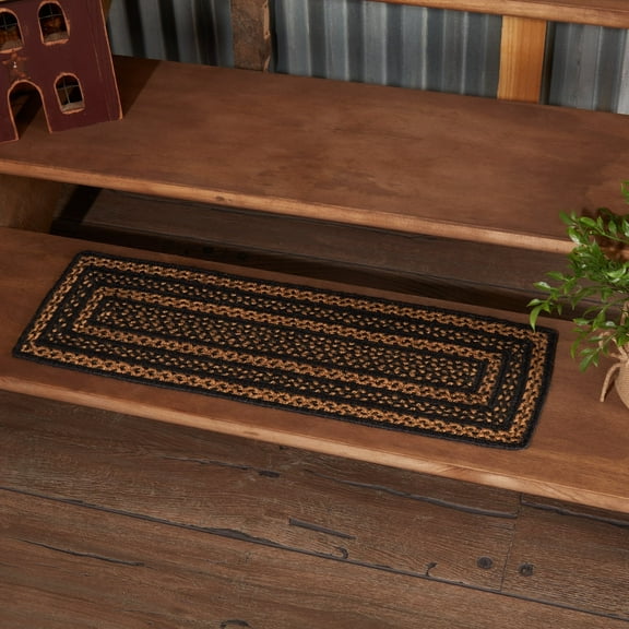VHC Brands Farmhouse Primitive Jute Black Striped Stair Tread Rectangle Latex Floor Decor 8.5"x27"
