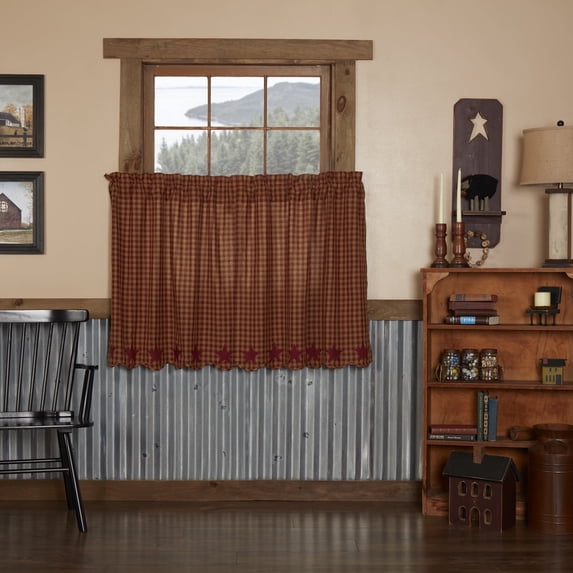 VHC Brands Classic Country Primitive Kitchen Window Curtains-Star Red Scalloped Tier Pair, L36 x W36, Burgundy