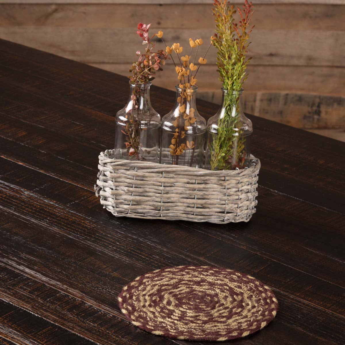 Burgundy and Tan Jute Braided Round Trivet, 8-inch