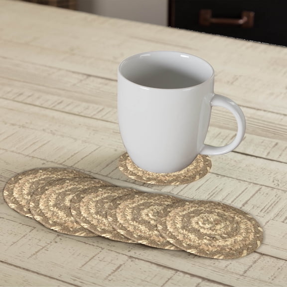 VHC Brands Cobblestone Coasters, Tan Grey White, Jute Blend, Round Circle, Set of 6 Coasters