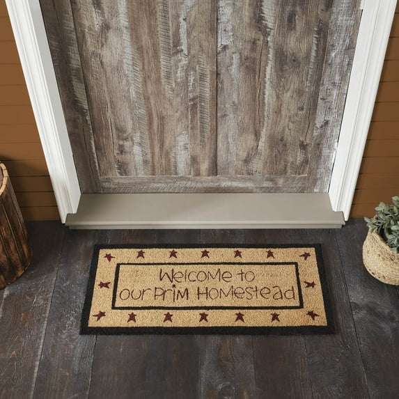 VHC Brands Coir Welcome Door Mat, Entry Rug, with PVC Backing, for Indoor Outdoor Use, Connell Collection, Rectangle 17x36 Doormat, Welcome to Our Prim Homestead, Natural