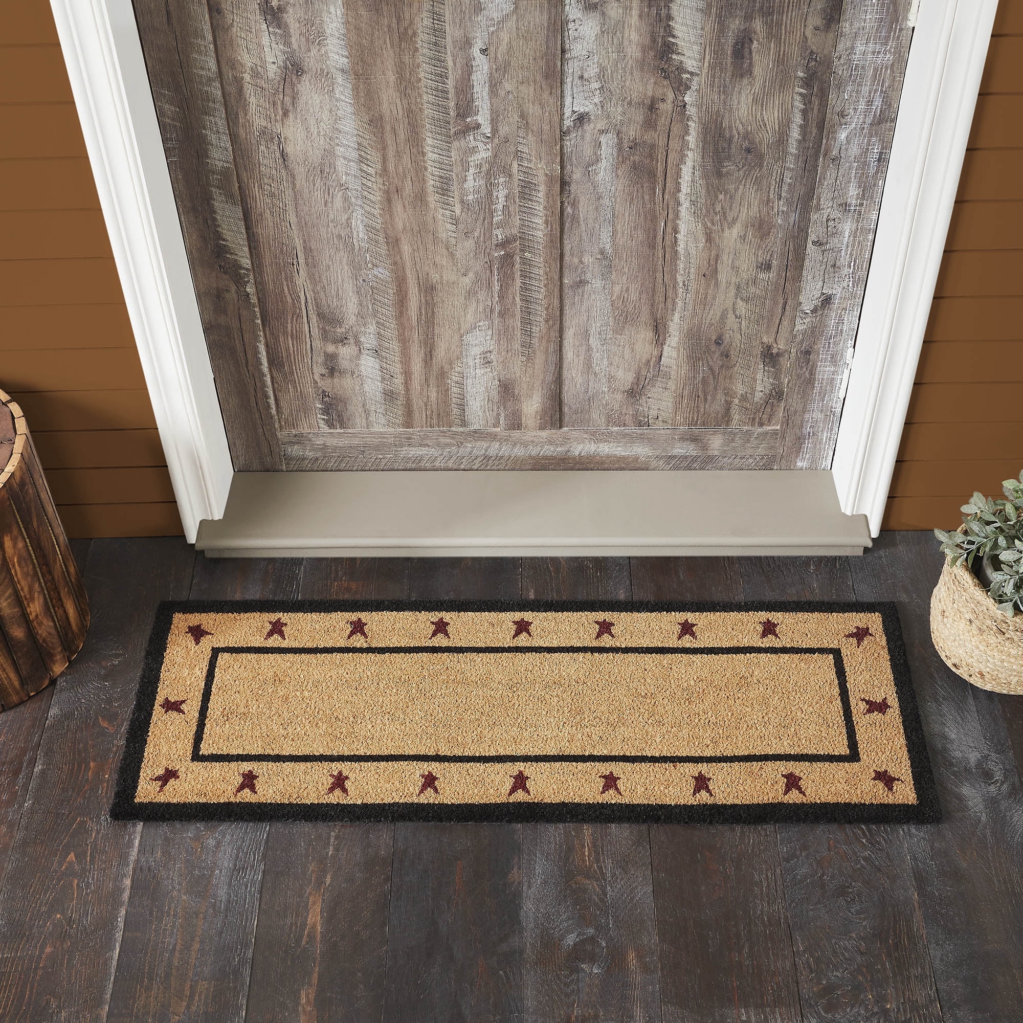 VHC Brands Coir Welcome Door Mat, Entry Rug, with PVC Backing, for Indoor Outdoor Use, Connell Collection, Rectangle 17x48 Doormat, Primitive Stars, Natural