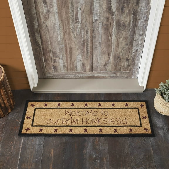 VHC Brands Coir Welcome Door Mat, Entry Rug, with PVC Backing, for Indoor Outdoor Use, Connell Collection, Rectangle 17x48 Doormat, Welcome to Our Prim Homestead, Natural