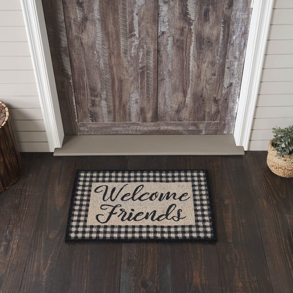 VHC Brands Finders Keepers Farmhouse 24"x36" Welcome Friends Accent Rug Creme Digital Print Coir Check PVC Backing Rectangle Floor Decor