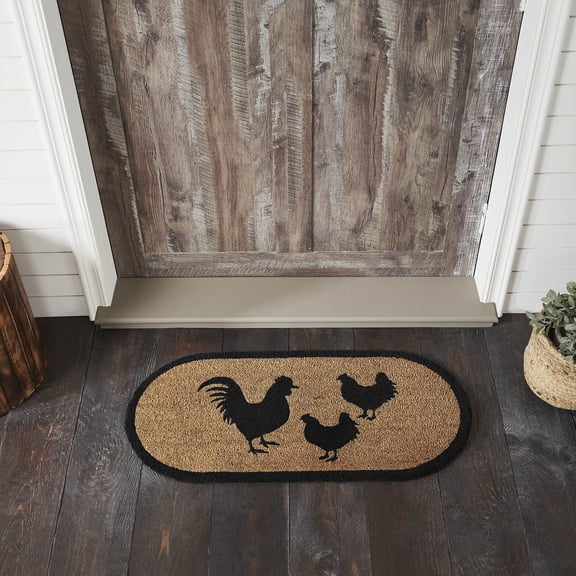 VHC Brands Down Home Country 17"x36" Rooster and Hens Accent Rug Tan Stenciled Coir Graphic/Print PVC Backing Oval Floor Decor