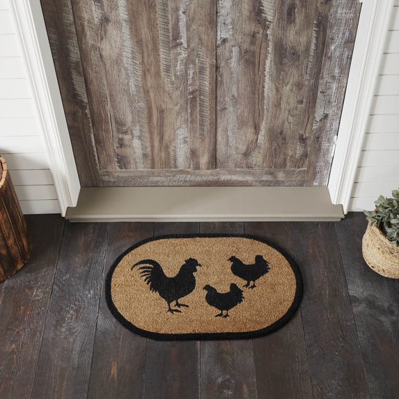 VHC Brands Coir Welcome Door Mat, Entry Rug, with PVC Backing, for Indoor Outdoor Use, Down Home Collection, Oval 20x30 Doormat, Rooster and Hens, Natural