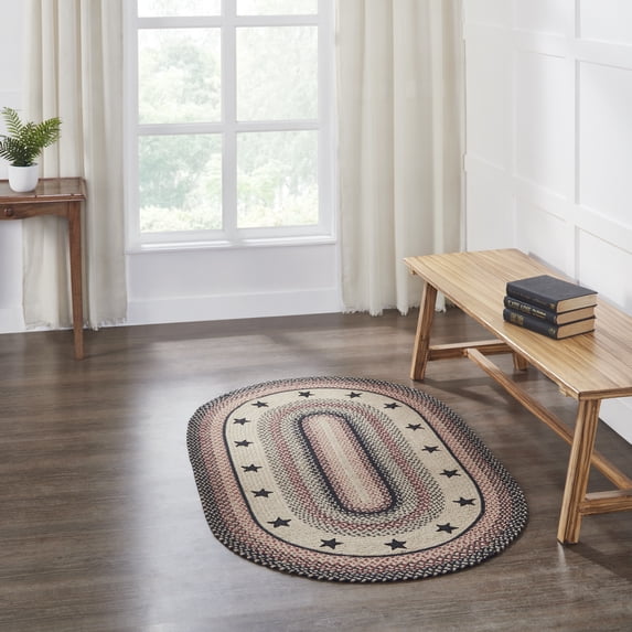 VHC Brands Colonial Star, Braided Jute Rug, Non-Skid Pad, Accent Rug, Oval, Tan Red Black, 36x60