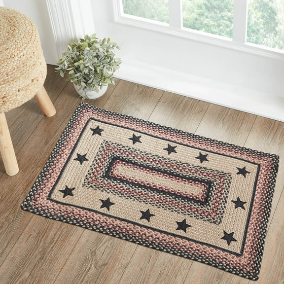 VHC Brands Colonial Star, Braided Jute Rug, Non-Skid Pad, Door Mat, Rectangle, Tan Red Black, 24x36