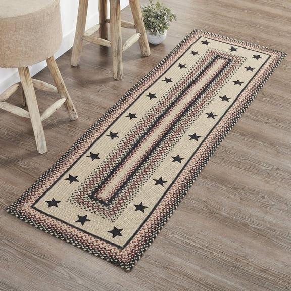 VHC Brands Colonial Star, Braided Jute Runner Rug, Non-Skid Pad, Rectangle, Tan Red Black, 24x78