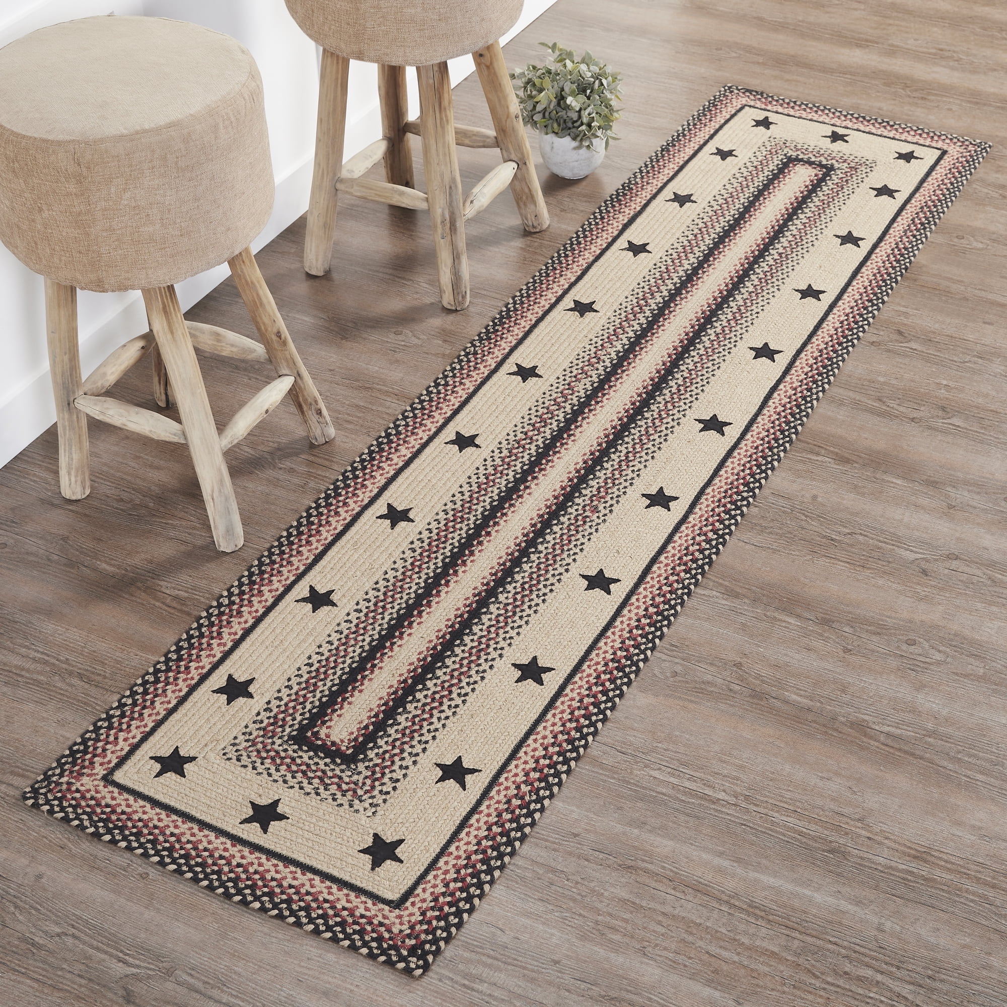 VHC Brands Colonial Star, Braided Jute Runner Rug, Non-Skid Pad, Rectangle, Tan Red Black, 24x96