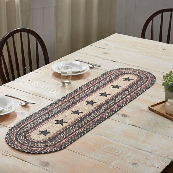 VHC Brands Colonial Star, Braided Jute Table Runner, Oval, Tan Red Black, 13x49