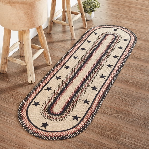 VHC Brands Colonial Star Rug Hall Runner with PVC Pad, Jute Blend, Oval, Tan Black Red, 22x72 inches