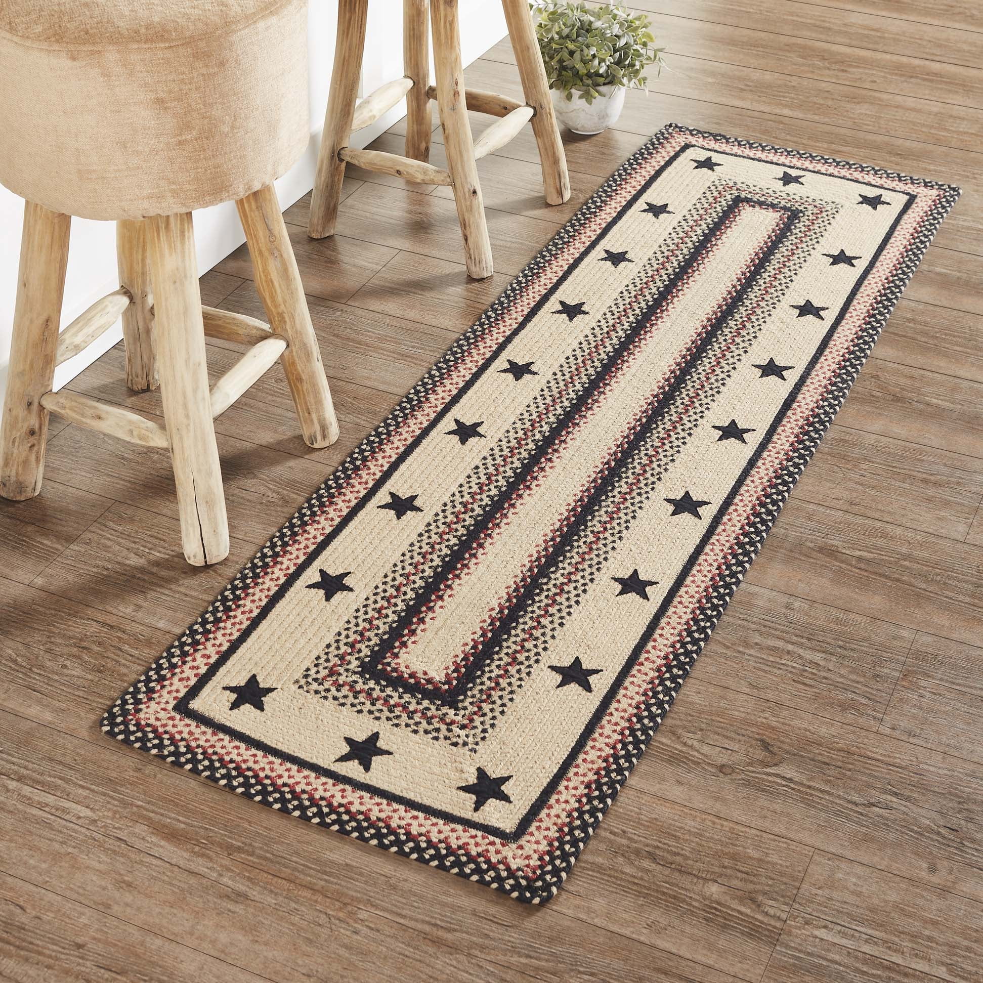 VHC Brands Colonial Star Rug Hall Runner with PVC Pad, Jute Blend, Rectangle, Tan Black Red, 22x72 inches