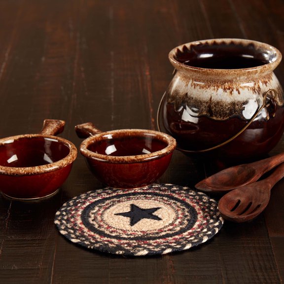 VHC Brands Colonial Star Trivet Hot Pad for Pots Pans, Tan Black Red, Jute Blend, Round Circle, 8 Inches