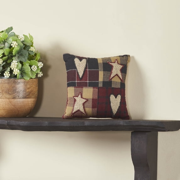 VHC Brands Connell Patchwork Pillow 6x6, Cotton Pillow With Polyester Pillow Fill, Decorative Throw Pillow, Connell Collection, Square 6x6, Burgundy