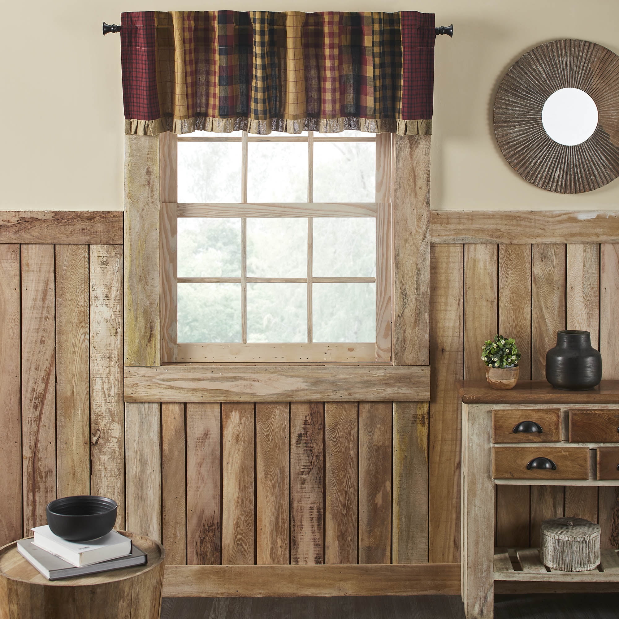 Connell Patchwork Burgundy and Tan Cotton Valance with Ruffles