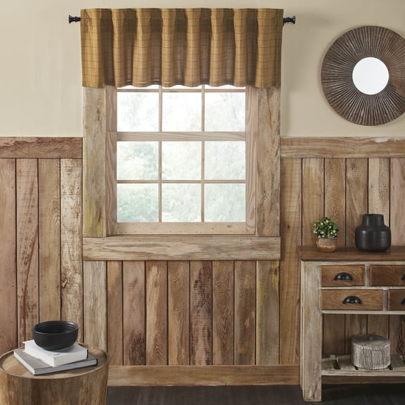 VHC Brands Rustic Farmhouse Curtains Connell 18x72 Valance Window Topper for Bathroom Dining Room, Tan Burgundy, 72 Inches Wide, Windowpane