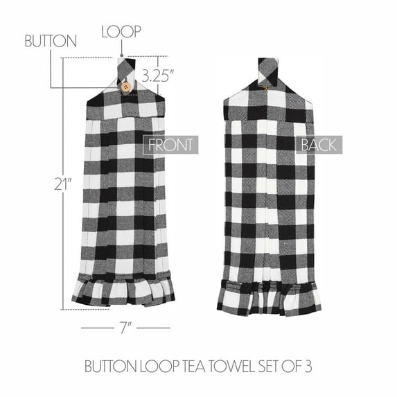 VHC Brands Cotton Annie Buffalo Check Black Button Loop Kitchen Towel Set of 3, Hanging Kitchen Towel, Pleated, Bath, Kitchen, Annie Buffalo Check Collection, Rectangle 21x7, Country Black