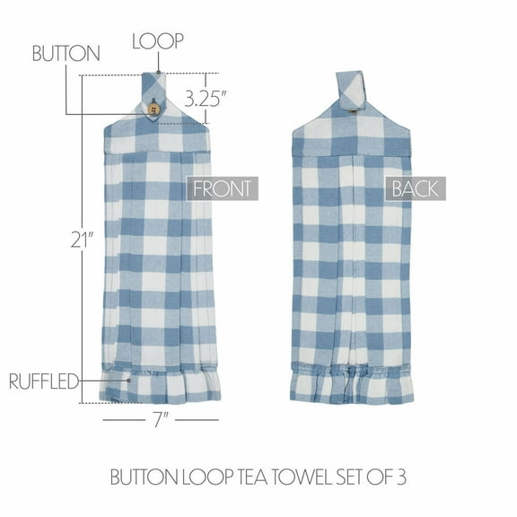 VHC Brands Cotton Annie Buffalo Check Blue Button Loop Kitchen Towel Set of 3, Hanging Kitchen Towel, Pleated, Bath, Kitchen, Annie Buffalo Check Collection, Rectangle 21x7, Dusk Blue