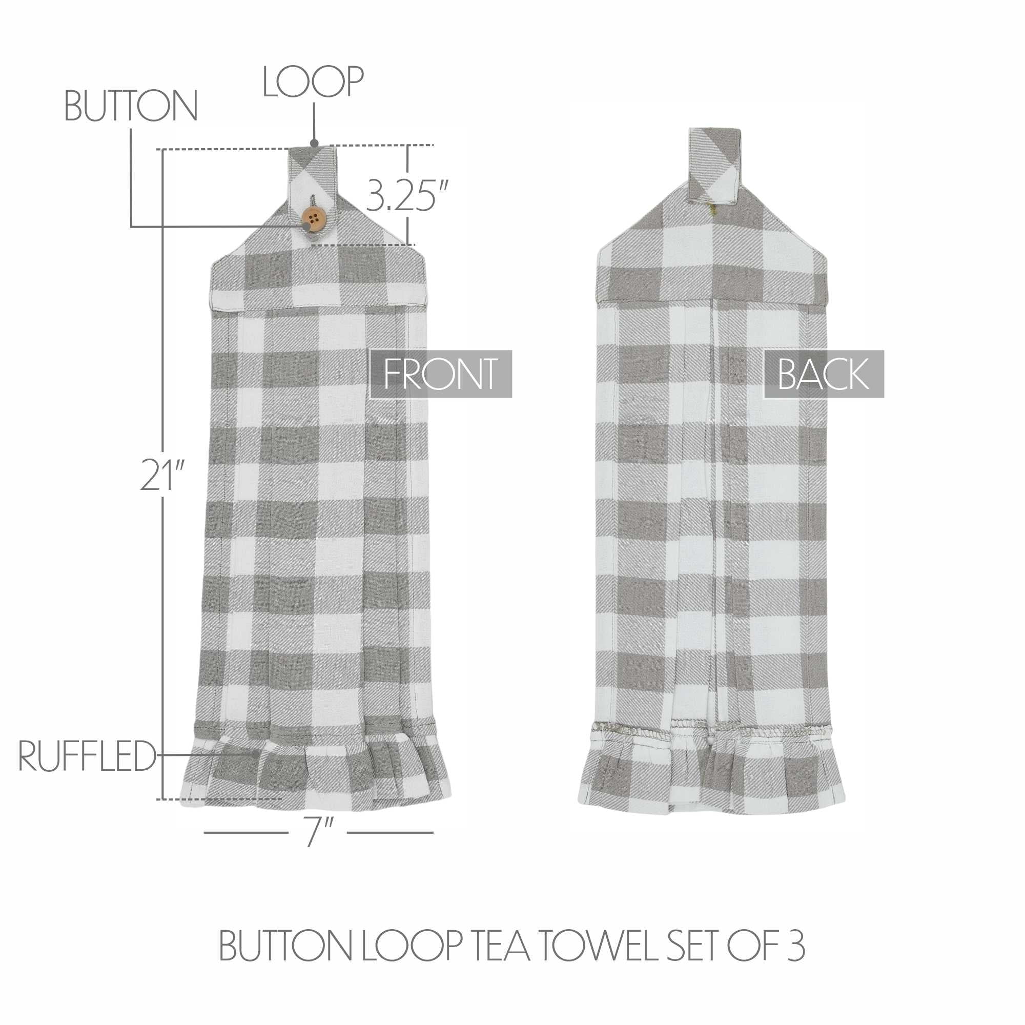 VHC Brands Cotton Annie Buffalo Check Grey Button Loop Kitchen Towel Set of 3, Hanging Kitchen Towel, Pleated, Bath, Kitchen, Annie Buffalo Check Collection, Rectangle 21x7, Ash Grey
