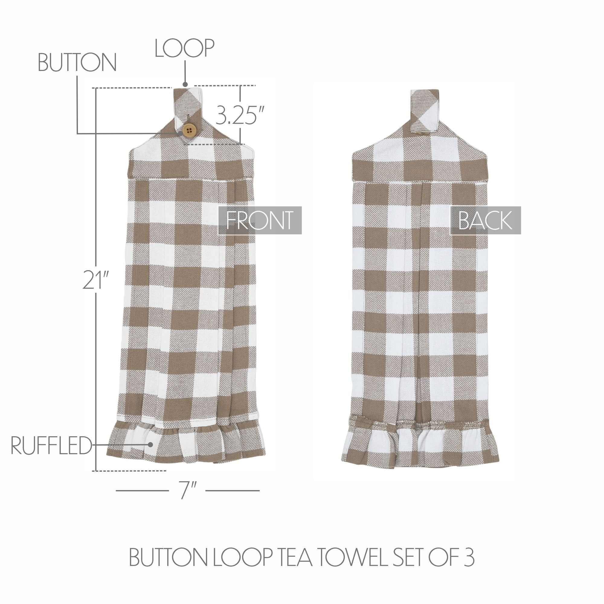 VHC Brands Cotton Annie Buffalo Check Portabella Button Loop Kitchen Towel Set of 3, Hanging Kitchen Towel, Pleated, Bath, Kitchen, Annie Buffalo Check Collection, Rectangle 21x7, Portabella