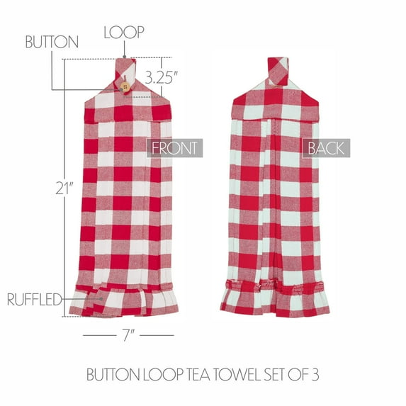 VHC Brands Cotton Annie Buffalo Check Red Button Loop Kitchen Towel Set of 3, Hanging Kitchen Towel, Pleated, Bath, Kitchen, Annie Buffalo Check Collection, Rectangle 21x7, Country Red