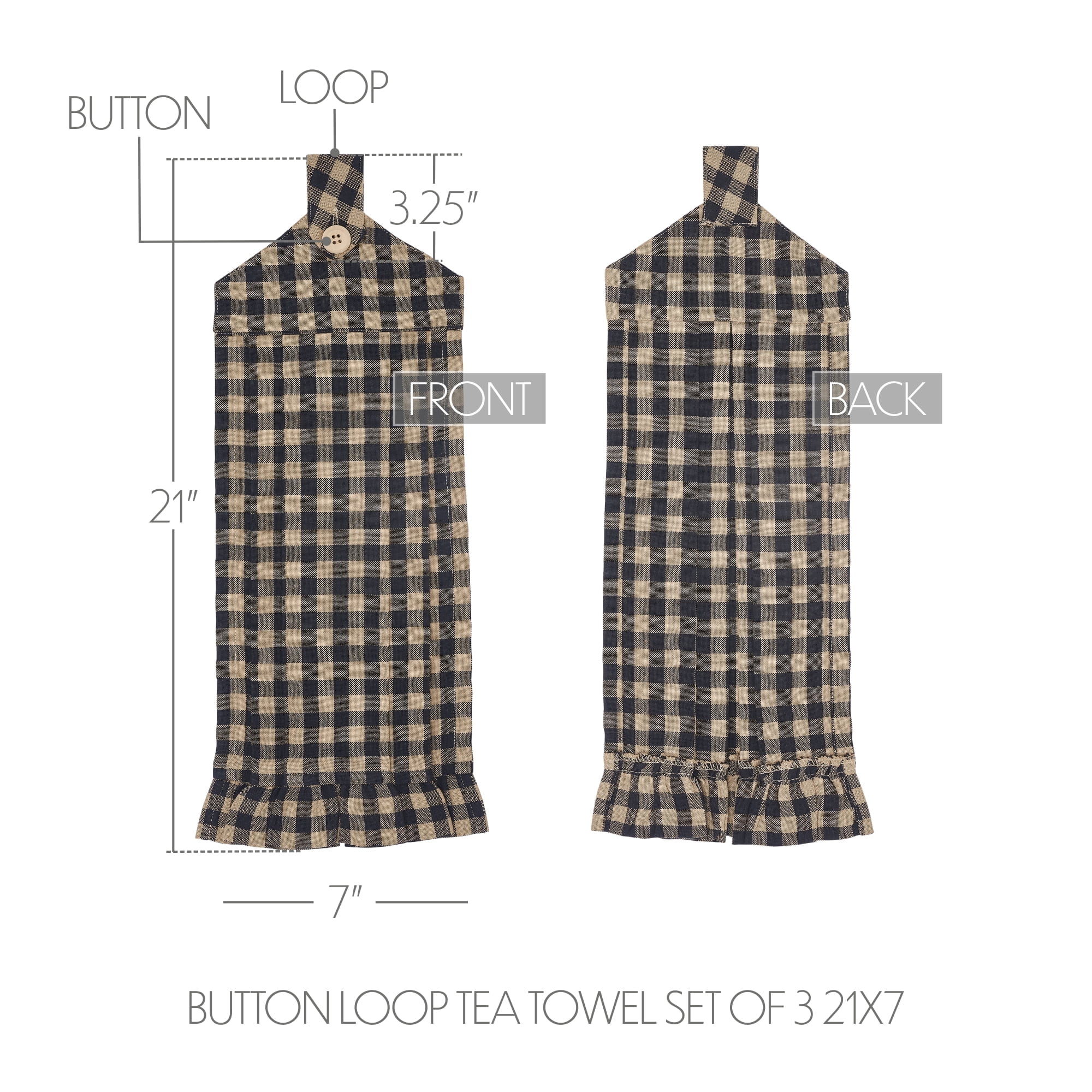 VHC Brands Cotton Black Check Button Loop Kitchen Towel Set of 3, Hanging Kitchen Towel, Pleated, Bath, Kitchen, Black Check Collection, Rectangle 21x7, Country Black