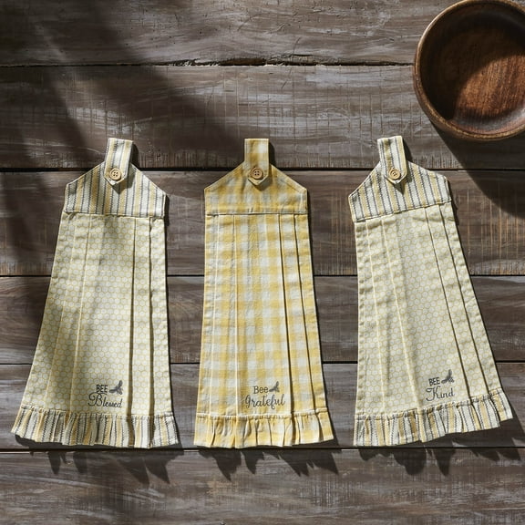VHC Brands Cotton Buzzy Bees Button Loop Kitchen Towel Set of 3, Hanging Kitchen Towel, Distressed Appearance, Bath, Kitchen, Rectangle 21x7, Bee Kind, Grateful, Blessed, Vintage Yellow