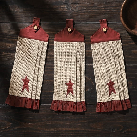 VHC Brands Cotton Connell Button Loop Kitchen Towel Set of 3, Hanging Kitchen Towel, Appliqued, Bath, Kitchen, Connell Collection, Rectangle 21x7, Star, Burgundy