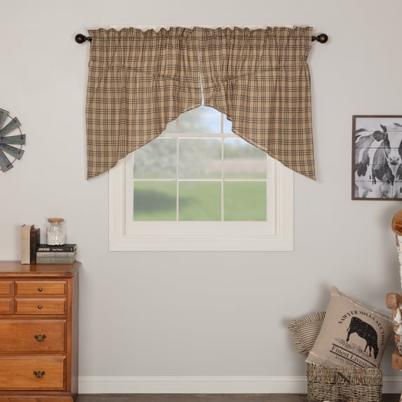 VHC Brands Cotton Curtain Plaid Prairie Swag Set, Charcoal (2 Panels)