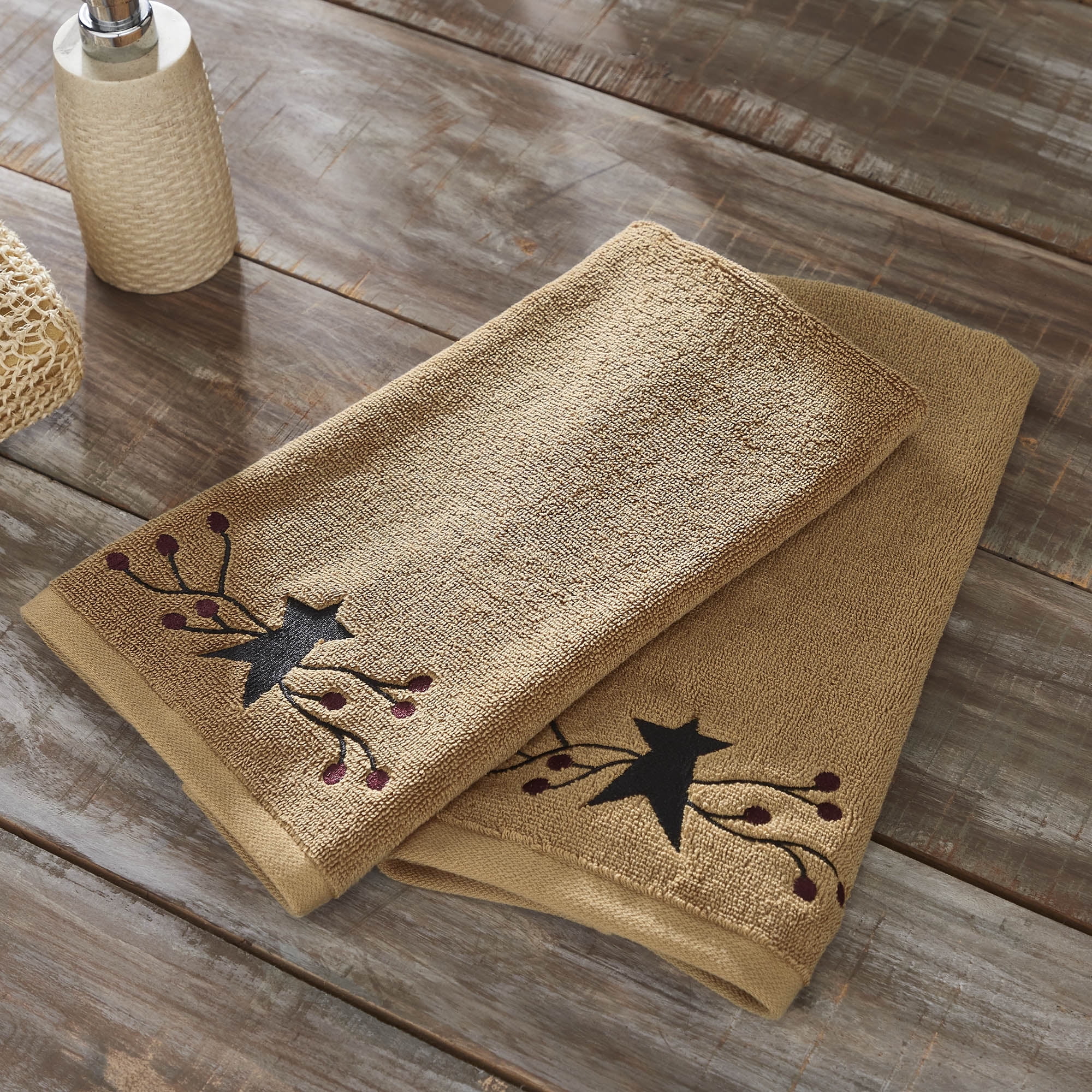 VHC Brands Cotton Hand Towels Set of 2 Bathroom Hand Towel Embroidered Bath Kitchen Pip Vinestar Collection Rectangle 16x26 Primitive Star Natural