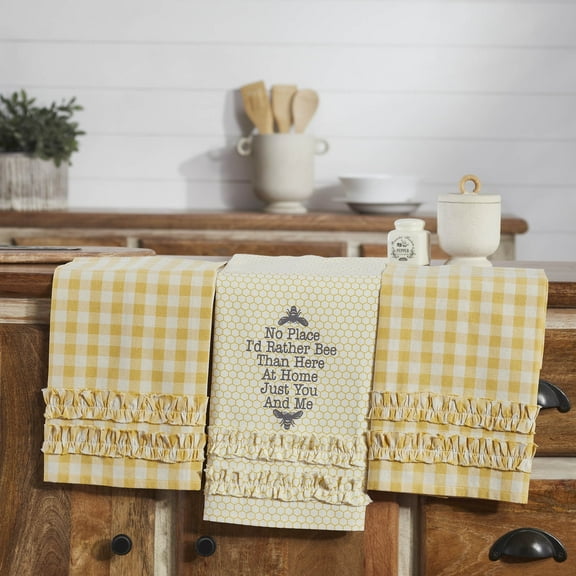 VHC Brands Cotton Kitchen Towel set of 3, Distressed Appearance, Tea Towel, Dish Towels, Buzzy Bees Collection, Rectangle 28x19, Vintage Yellow