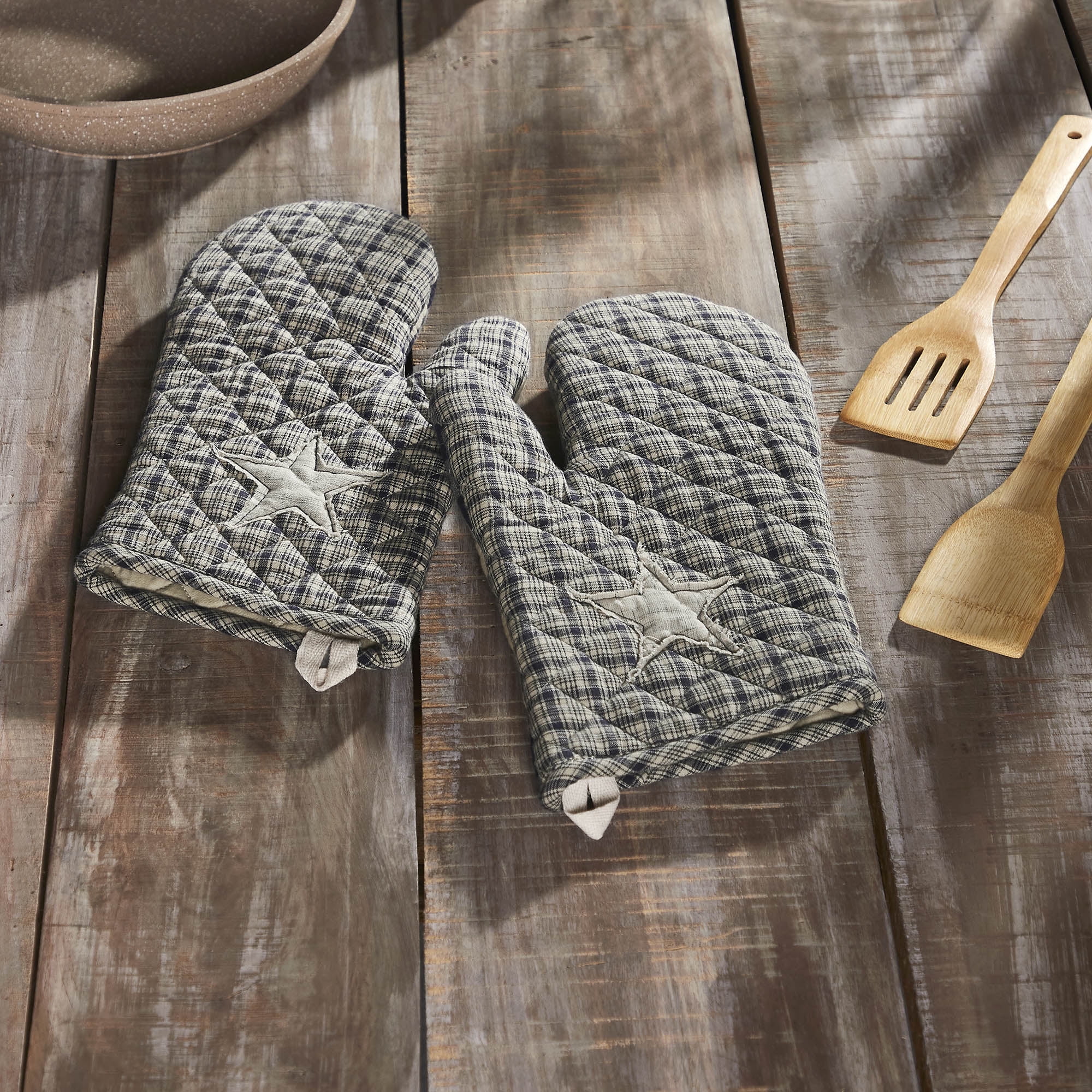 VHC Brands Cotton Oven Mitt Set of 2, Appliqued, Heat Resistant, Baking Glove Pot Holder, Kitchen Mitts, My Country Collection, 12.5x8, Navy