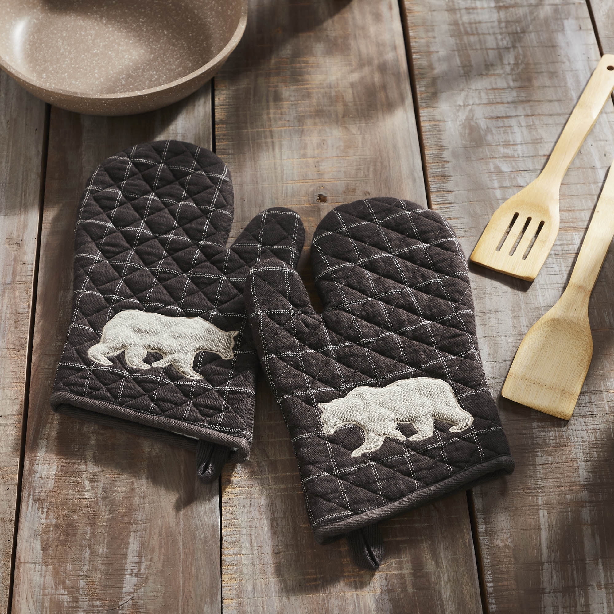 VHC Brands Cotton Oven Mitt Set of 2, Appliqued, Heat Resistant, Baking Glove Pot Holder, Kitchen Mitts, Wyatt Collection, 12.5x8, Espresso