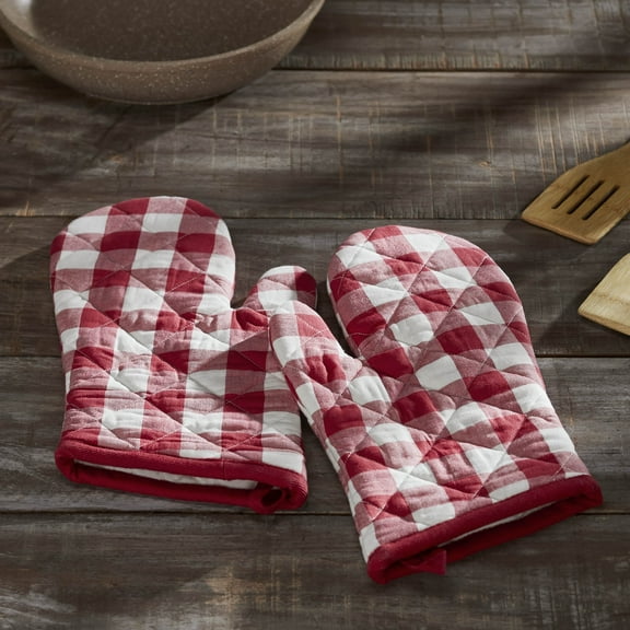 VHC Brands Cotton Oven Mitt Set of 2, Heat Resistant, Baking Glove Pot Holder, Kitchen Mitts, Annie Buffalo Check Collection, 12.5x8, Country Red