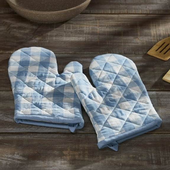 VHC Brands Cotton Oven Mitt Set of 2, Heat Resistant, Baking Glove Pot Holder, Kitchen Mitts, Annie Buffalo Check Collection, 12.5x8, Dusk Blue