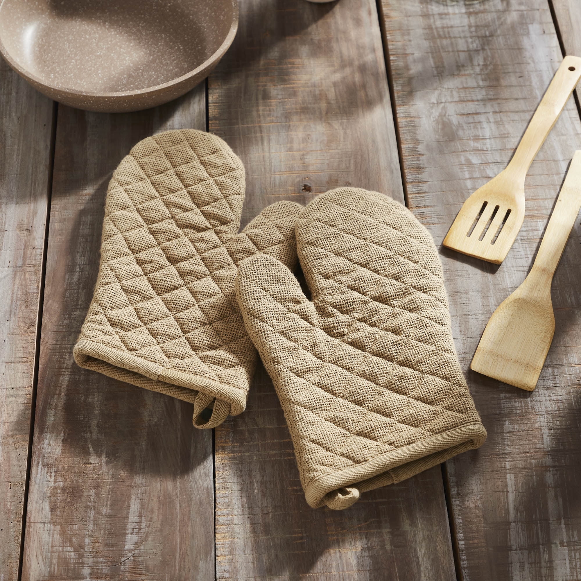 VHC Brands Cotton Oven Mitt Set of 2, Heat Resistant, Baking Glove Pot Holder, Kitchen Mitts, Burlap Natural Collection, 12.5x8, Natural