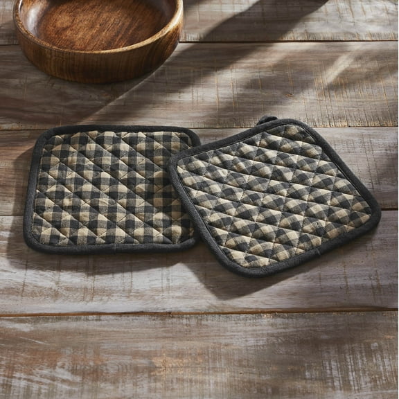 VHC Brands Cotton Pot Holder Set of 2, Heat Resistant, Kitchen Potholders, Black Check Collection, Square 8x8, Country Black