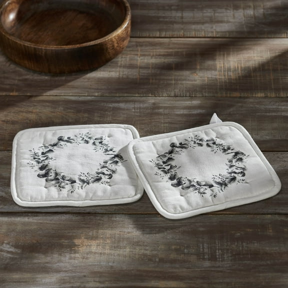 VHC Brands Cotton Pot Holder Set of 2, Heat Resistant, Kitchen Potholders, Finders Keepers Collection, Square 8x8, Soft White