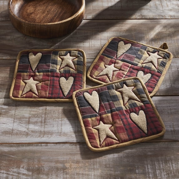 VHC Brands Cotton Pot Holder Set of 3, Heat Resistant, Kitchen Potholders, Connell Collection, Square 8x8, Burgundy