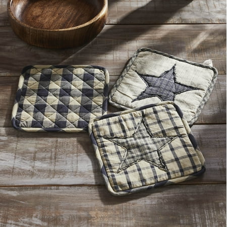 VHC Brands Cotton Pot Holder Set of 2, Heat Resistant, Kitchen Potholders, My Country Collection, Square 8x8, Navy
