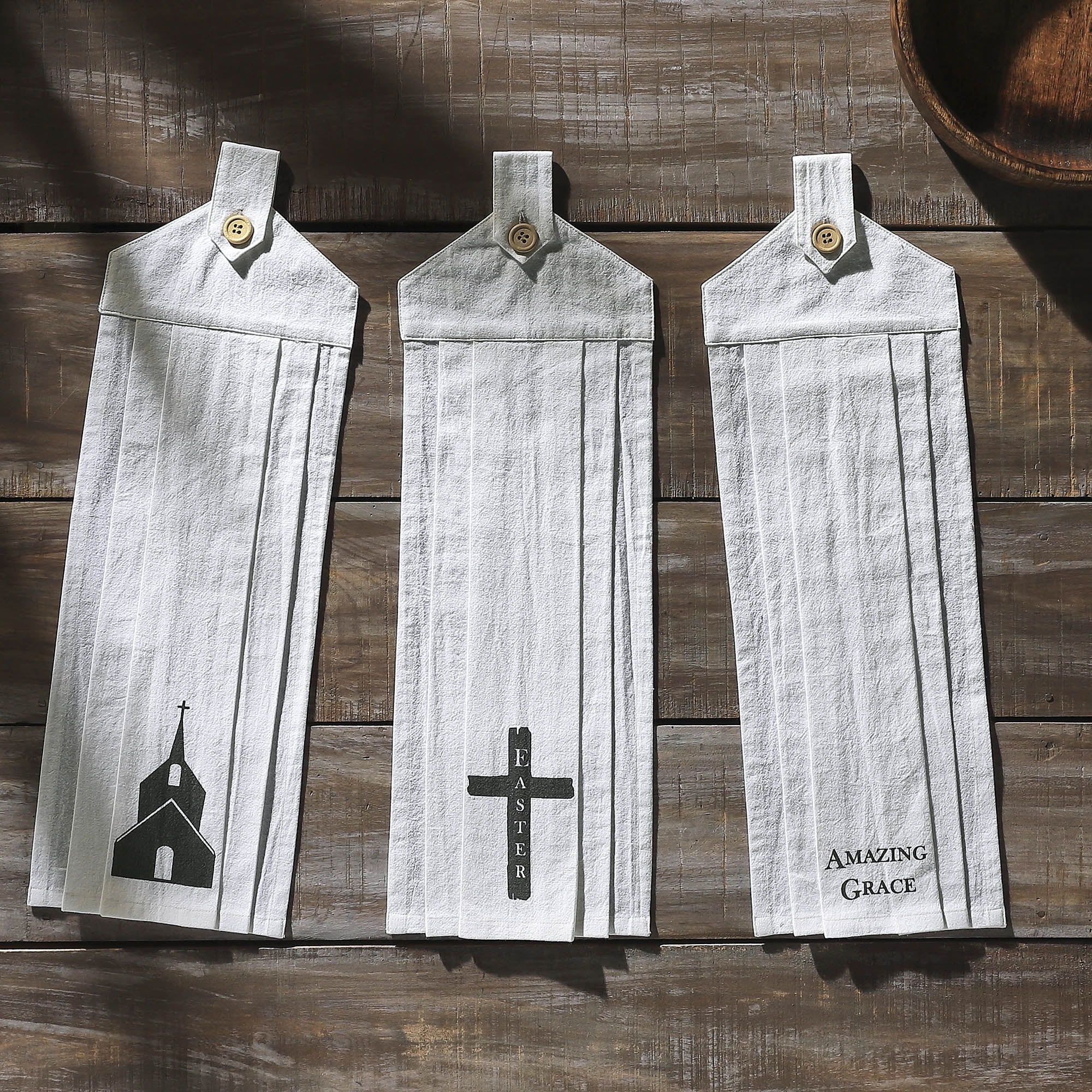 VHC Brands Cotton Risen Button Loop Kitchen Towel Set of 3, Hanging Kitchen Towel, Printed, Bath, Kitchen, Risen Collection, Rectangle 21x7, Church Cross Amazing Grace, Soft White