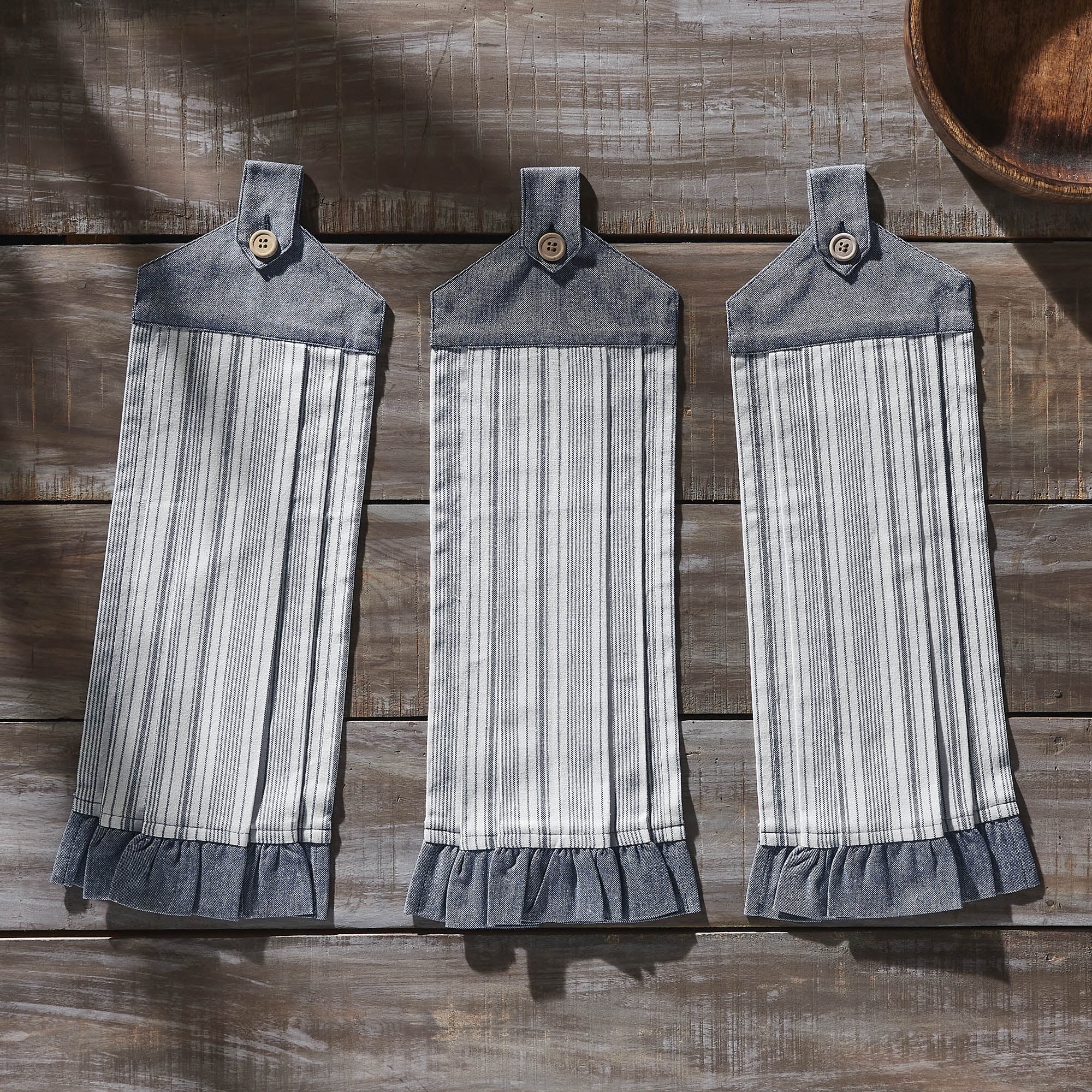 VHC Brands Cotton Sawyer Mill Blue Ticking Stripe Button Loop Kitchen Towel Set of 3, Hanging Kitchen Towel, Pleated, Bath, Kitchen, Sawyer Mill Blue Collection Denim Blue