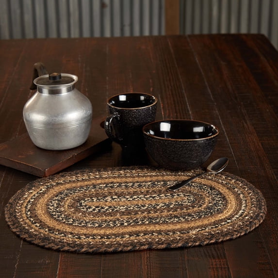 VHC Brands Country Espresso Table Placemat, Brown Black Tan, Jute Blend, Oval, 12x18 Inches